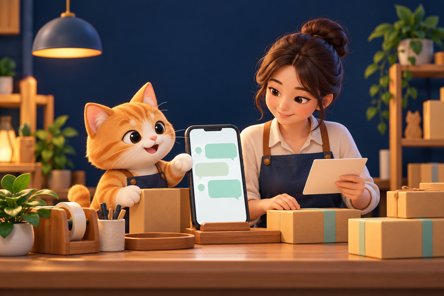 ภาพแนวคิดแมวส้มผู้ช่วยและเจ้าของร้านร่วมตรวจรายการที่เคาน์เตอร์ข้างโทรศัพท์